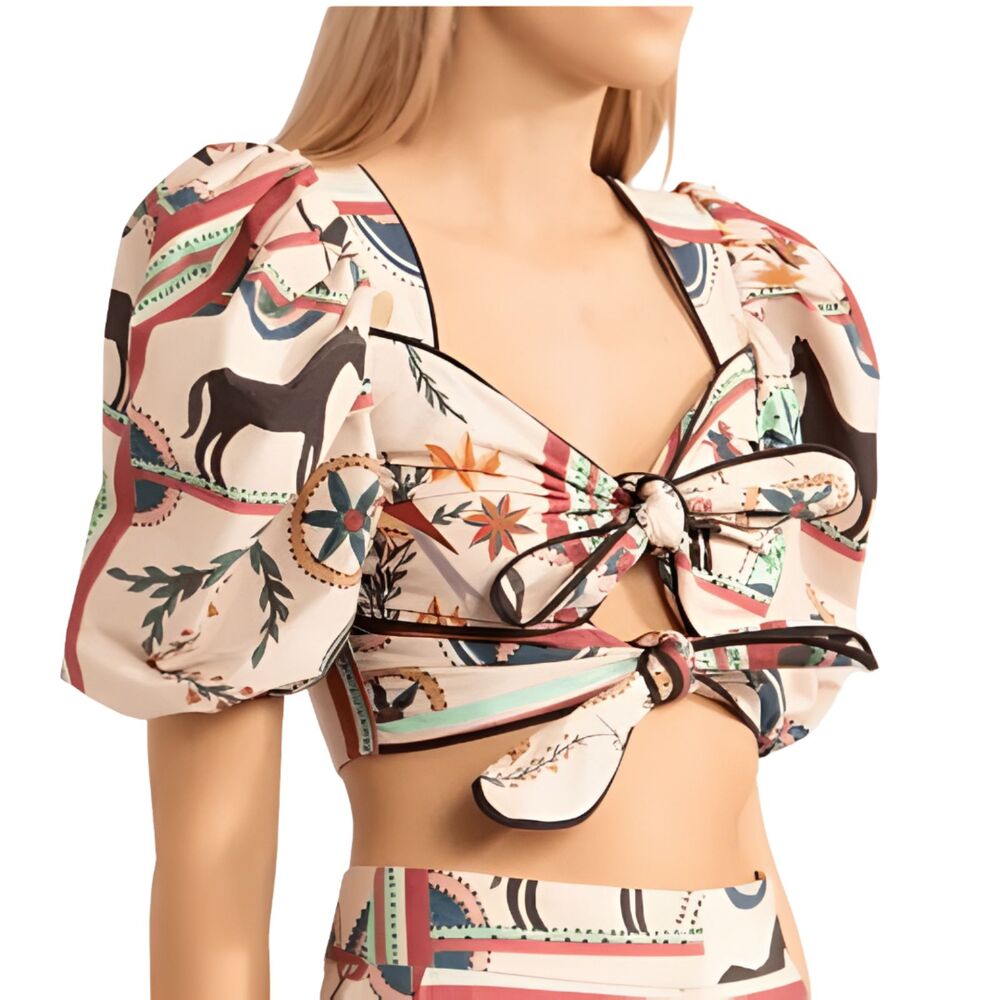 PatBO Cordel Print Tie Front Crop Top Beige Horse Motif Puff Sleeve Sz 8